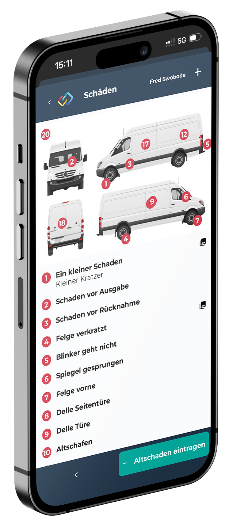 Rentingforce-App auf iPhone mit Schadenserfassung